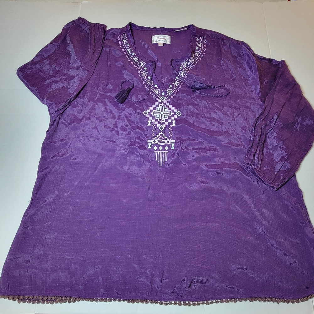Purple Embroidered Boho Artsy Tunic Blouse Plus Size 2X Geometric Tie
